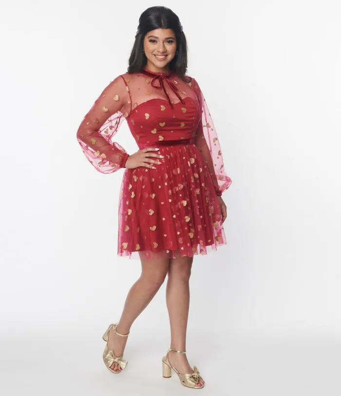 Red and Gold Glitter Heart Flare Dress Dresses Unique Vintage Fit and Flare