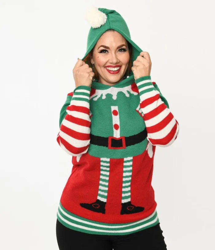 Red and Green Elf Hooded Holiday Sweater ClothingPlus Unique Vintage Sweaters and Cardigans
