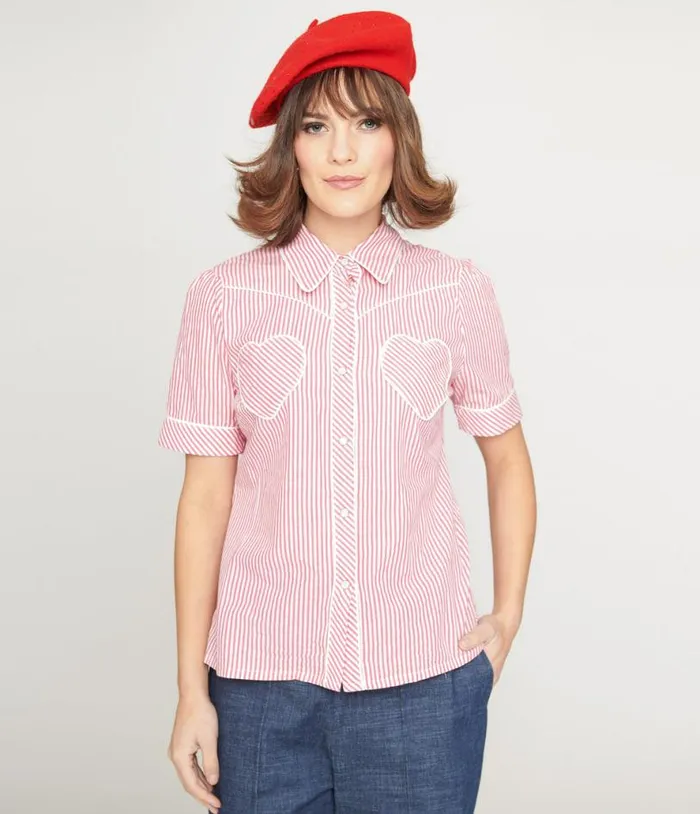 Red and White Stripe Heart Pocket Top Clothing Unique Vintage Blouses