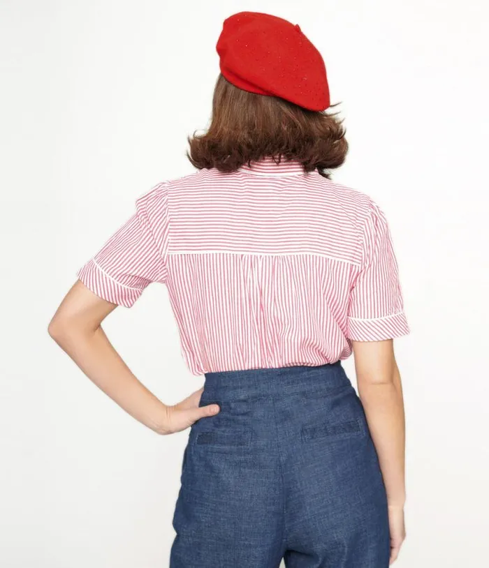Red and White Stripe Heart Pocket Top Clothing Unique Vintage Blouses
