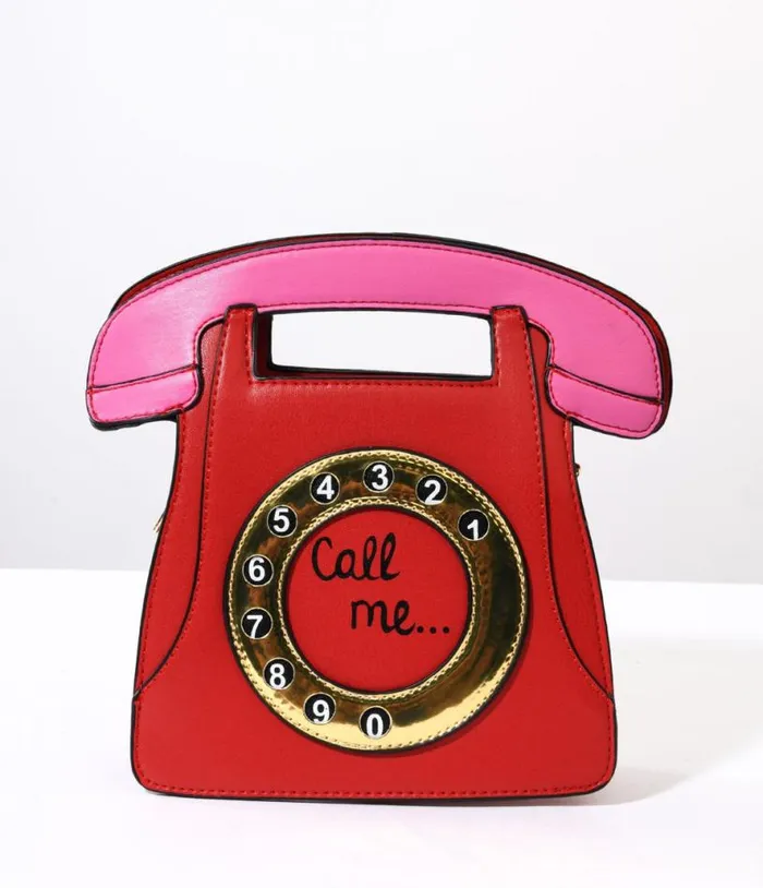 Red Call Me Retro Rotary Phone Handbag Accessories Unique Vintage Novelty Bags