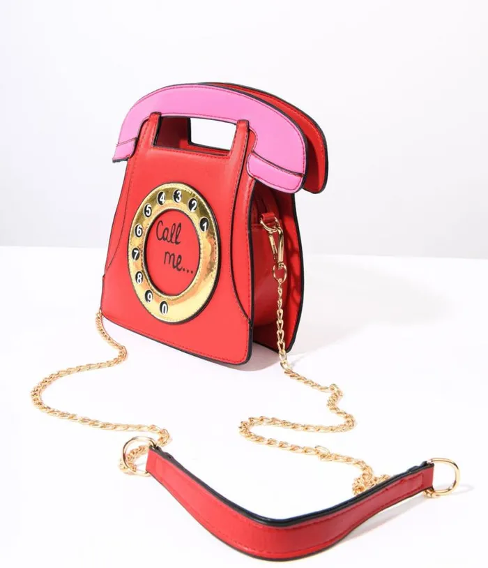 Red Call Me Retro Rotary Phone Handbag Accessories Unique Vintage Novelty Bags