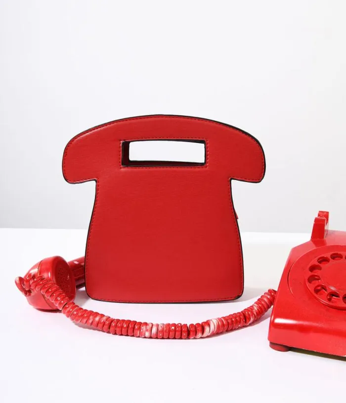 Red Call Me Retro Rotary Phone Handbag Accessories Unique Vintage Novelty Bags