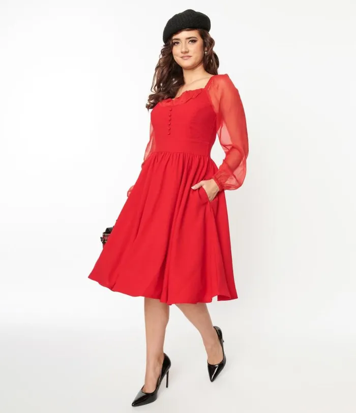 Red Chiffon Swing Dress Dresses Unique Vintage Pocket Dresses