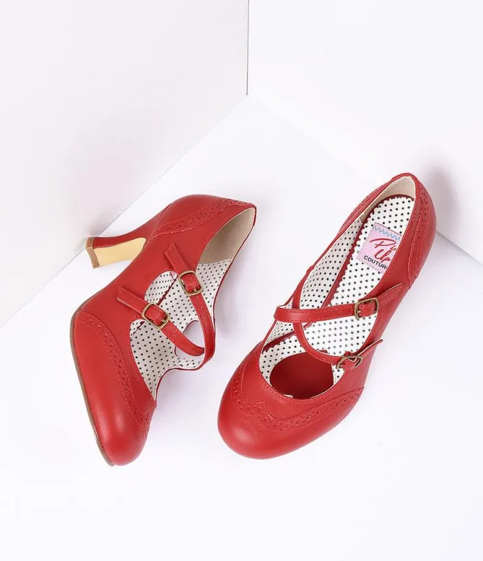 Red Faux Leather Detailed Heel Shoes Unique Vintage Heels
