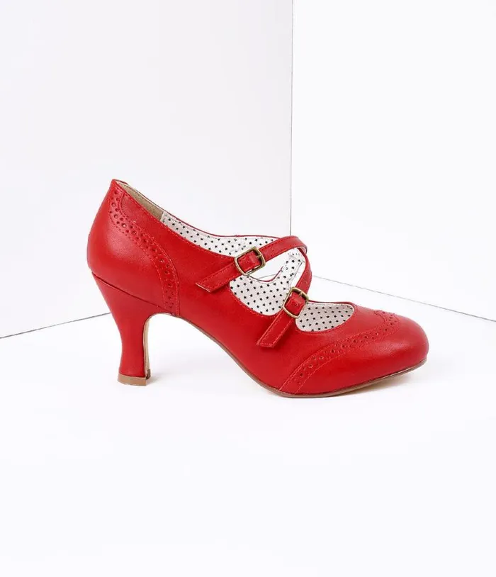 Red Faux Leather Detailed Heel Shoes Unique Vintage Heels