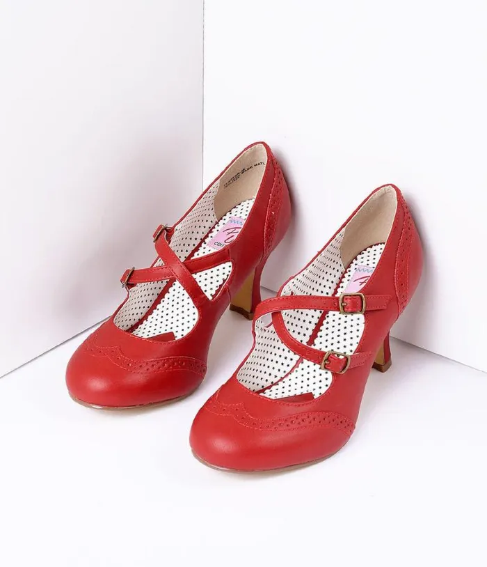 Red Faux Leather Detailed Heel Shoes Unique Vintage Heels