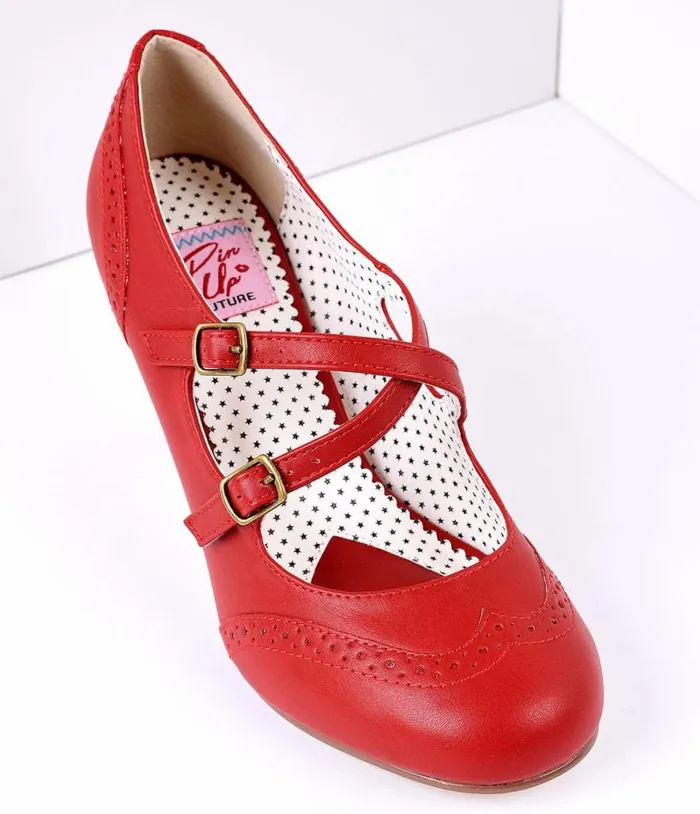 Red Faux Leather Detailed Heel Shoes Unique Vintage Heels