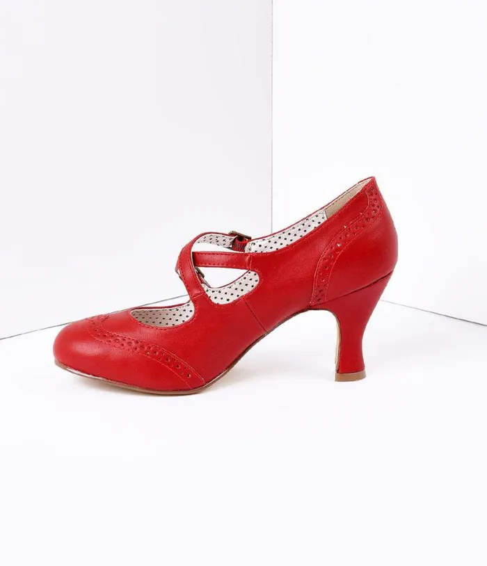 Red Faux Leather Detailed Heel Shoes Unique Vintage Heels