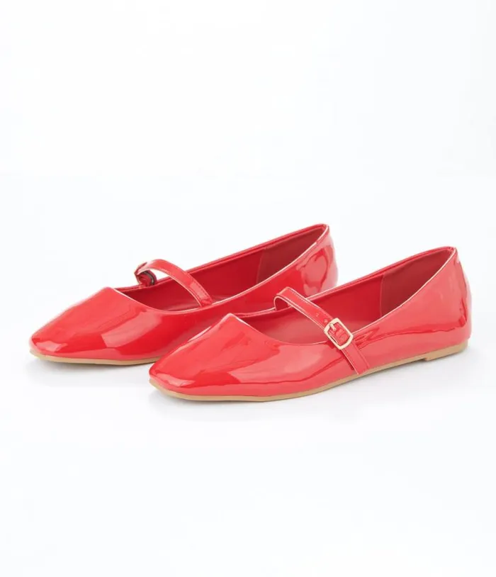 Red Patent Leatherette Mary Jane Flats Shoes Unique Vintage Flats