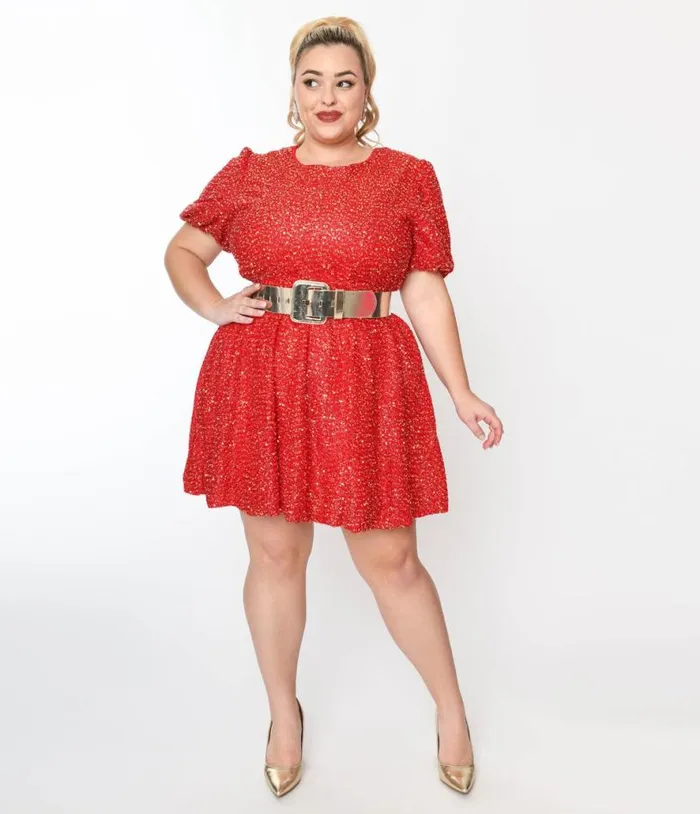Red Sequin Puff Sleeve Flare Dress DressesPlus Unique Vintage Fit and Flare Red Sequin Puff Sleeve Flare Dress DressesPlus Unique Vintage Fit and Flare