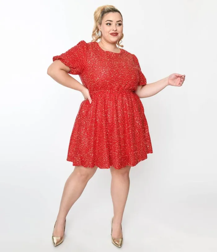 Red Sequin Puff Sleeve Flare Dress DressesPlus Unique Vintage Fit and Flare