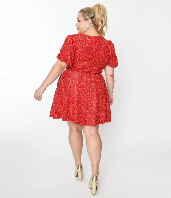 Red Sequin Puff Sleeve Flare Dress DressesPlus Unique Vintage Fit and Flare