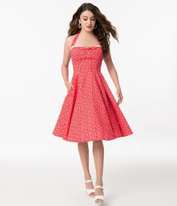 Retro Red and White Floral Halter Kimberly Swing Dress Dresses Unique Vintage Pocket Dresses Retro Red and White Floral Halter Kimberly Swing Dress Dresses Unique Vintage Pocket Dresses