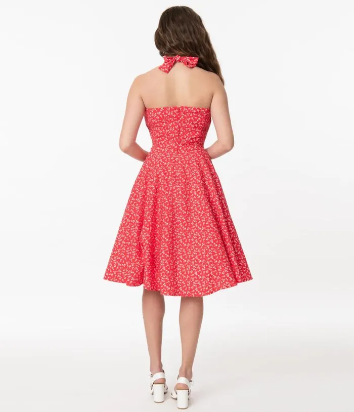 Retro Red and White Floral Halter Kimberly Swing Dress Dresses Unique Vintage Pocket Dresses
