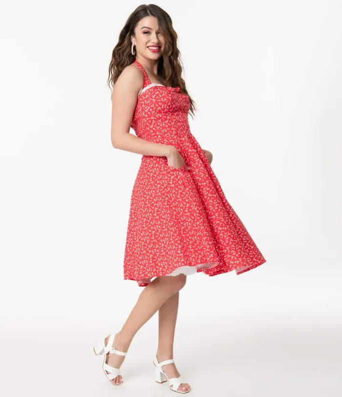 Retro Red and White Floral Halter Kimberly Swing Dress Dresses Unique Vintage Pocket Dresses