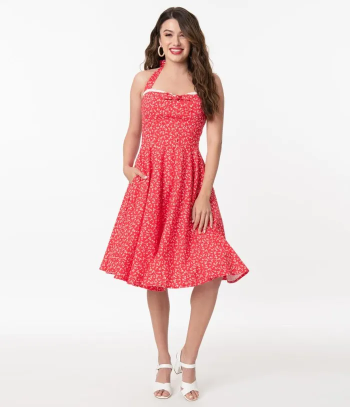 Retro Red and White Floral Halter Kimberly Swing Dress Dresses Unique Vintage Pocket Dresses