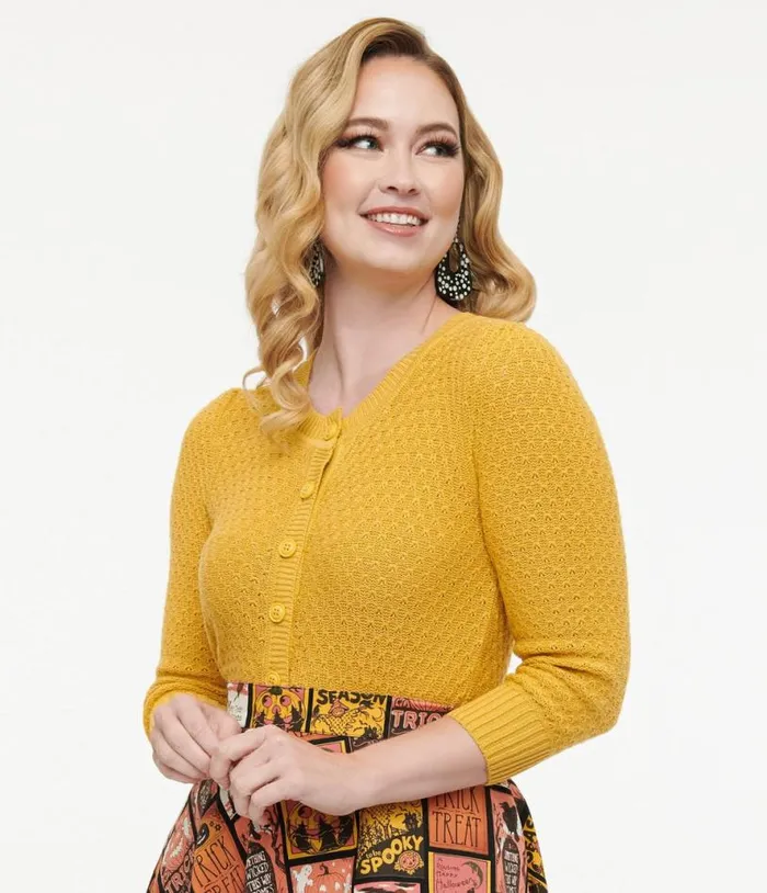 Retro Style Honey Yellow Cotton Crochet Sleeved Button Cardigan Clothing Unique Vintage Sweaters and Cardigans Retro Style Honey Yellow Cotton Crochet Sleeved Button Cardigan Clothing Unique Vintage Sweaters and Cardigans
