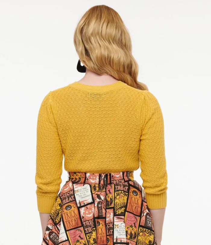 Retro Style Honey Yellow Cotton Crochet Sleeved Button Cardigan Clothing Unique Vintage Sweaters and Cardigans