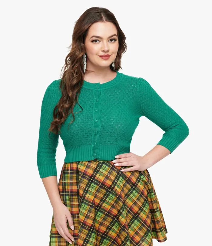 Retro Style Kelly Green Crochet Cardigan Clothing Unique Vintage Sweaters and Cardigans