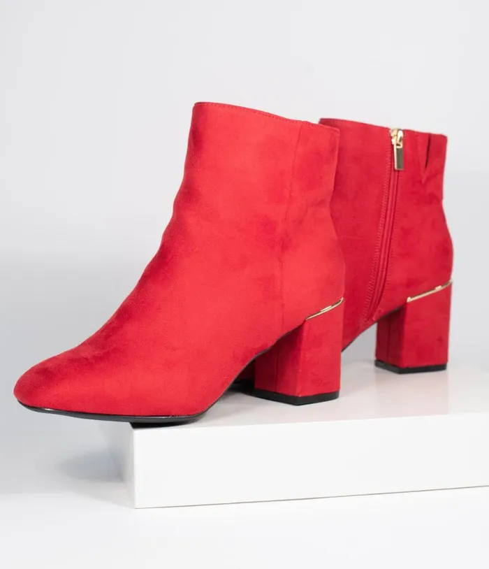 Retro Style Red Suede Heel Booties Shoes Unique Vintage Heels