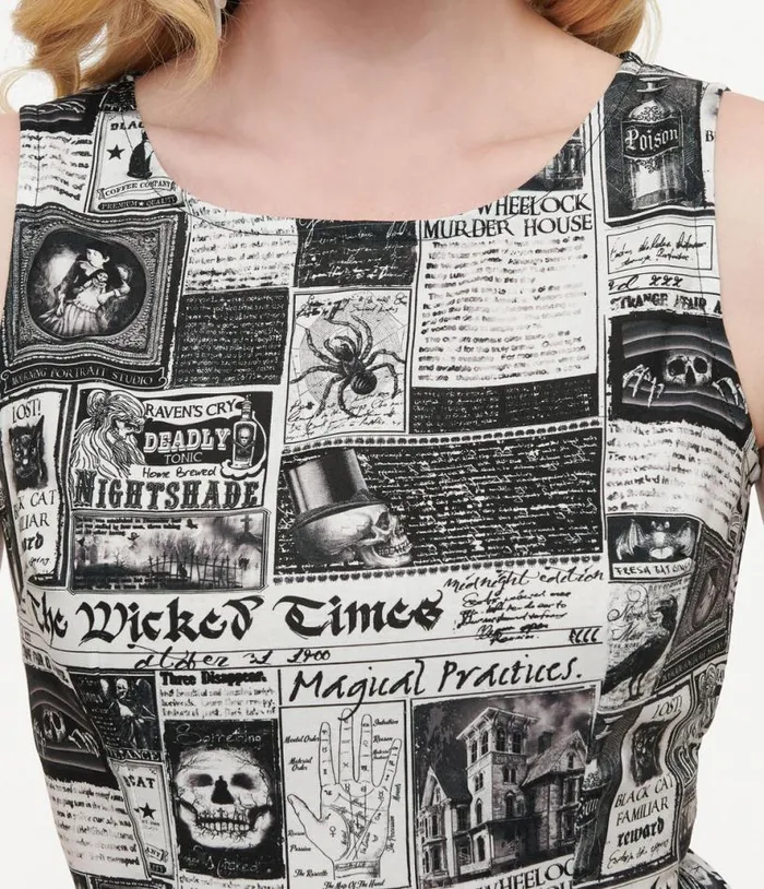 Retrolicious 1950s Black and White Halloween Newspaper Midi Dress Halloween Unique Vintage Dresses