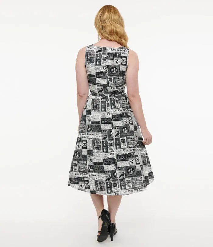 Retrolicious 1950s Black and White Halloween Newspaper Midi Dress Halloween Unique Vintage Dresses