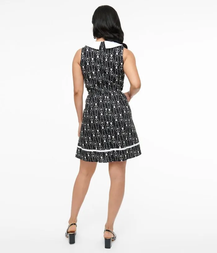 Retrolicious 1950s Black and White Skeleton Print Collared Fit and Flare Dress DressesHalloween Unique Vintage Dresses