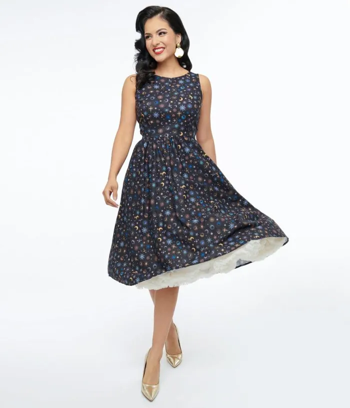 Retrolicious 1950s Black Celestial Stars and Moon Print Midi Dress DressesHalloween Unique Vintage Dresses Retrolicious 1950s Black Celestial Stars and Moon Print Midi Dress DressesHalloween Unique Vintage Dresses
