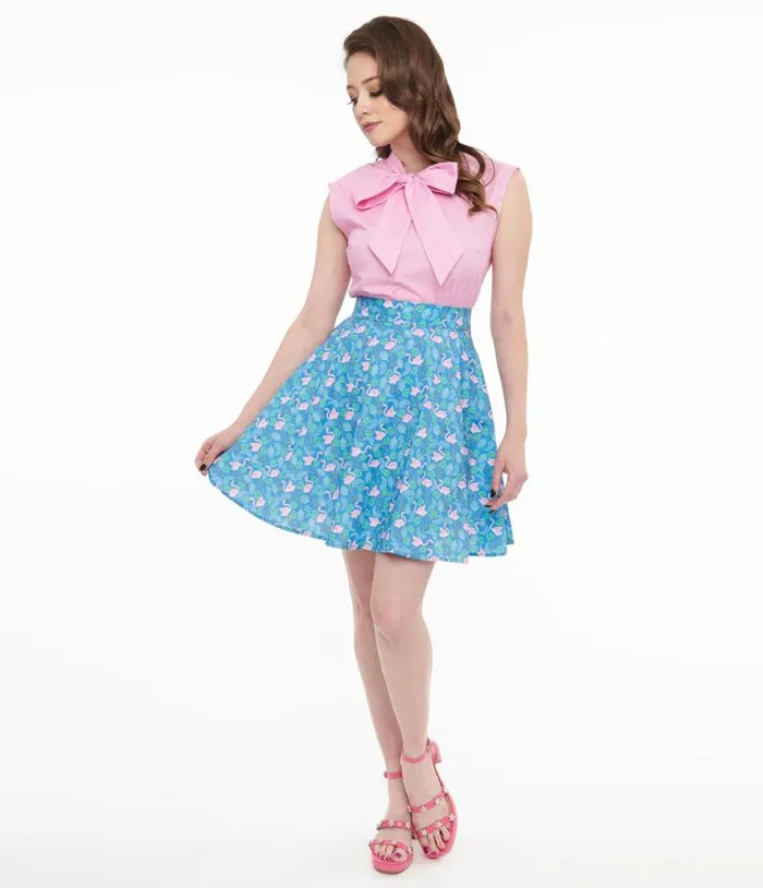 Retrolicious 1950s Blue and Pink Flamingo Print Cotton Skater Skirt DressesClothing Unique Vintage Skirts Retrolicious 1950s Blue and Pink Flamingo Print Cotton Skater Skirt DressesClothing Unique Vintage Skirts
