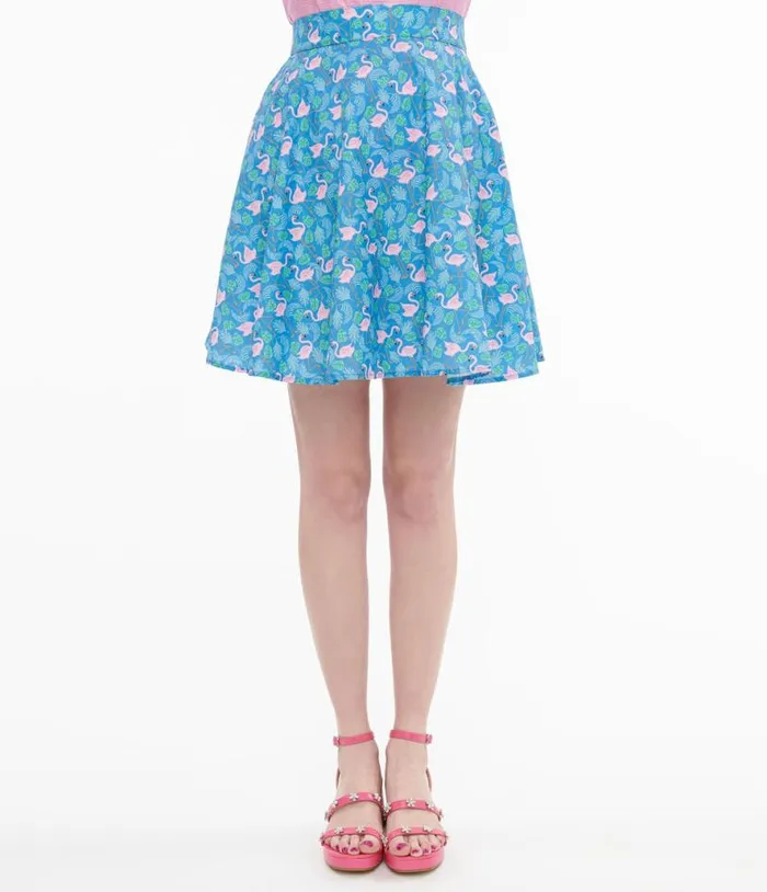 Retrolicious 1950s Blue and Pink Flamingo Print Cotton Skater Skirt DressesClothing Unique Vintage Skirts