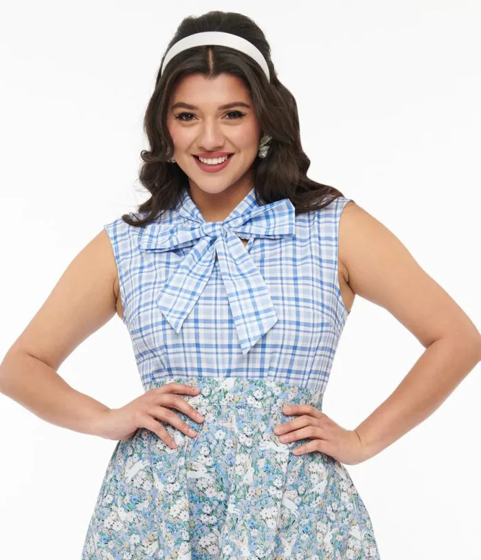 Retrolicious 1950s Blue Plaid Cotton Bow Top Clothing Unique Vintage Blouses Retrolicious 1950s Blue Plaid Cotton Bow Top Clothing Unique Vintage Blouses