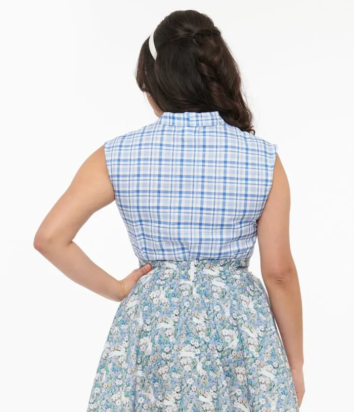 Retrolicious 1950s Blue Plaid Cotton Bow Top Clothing Unique Vintage Blouses