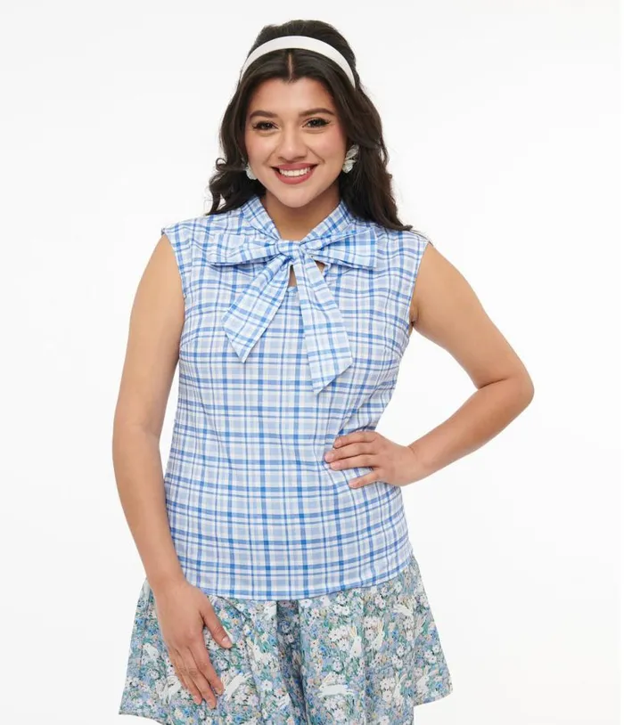 Retrolicious 1950s Blue Plaid Cotton Bow Top Clothing Unique Vintage Blouses