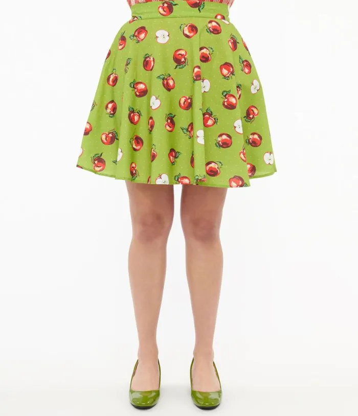 Retrolicious 1950s Green and Red Apple Print Skater Skirt DressesClothing Unique Vintage Skirts