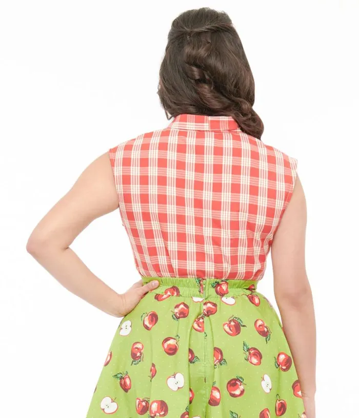 Retrolicious 1950s Red and White Gingham Cotton Bow Top Clothing Unique Vintage Blouses