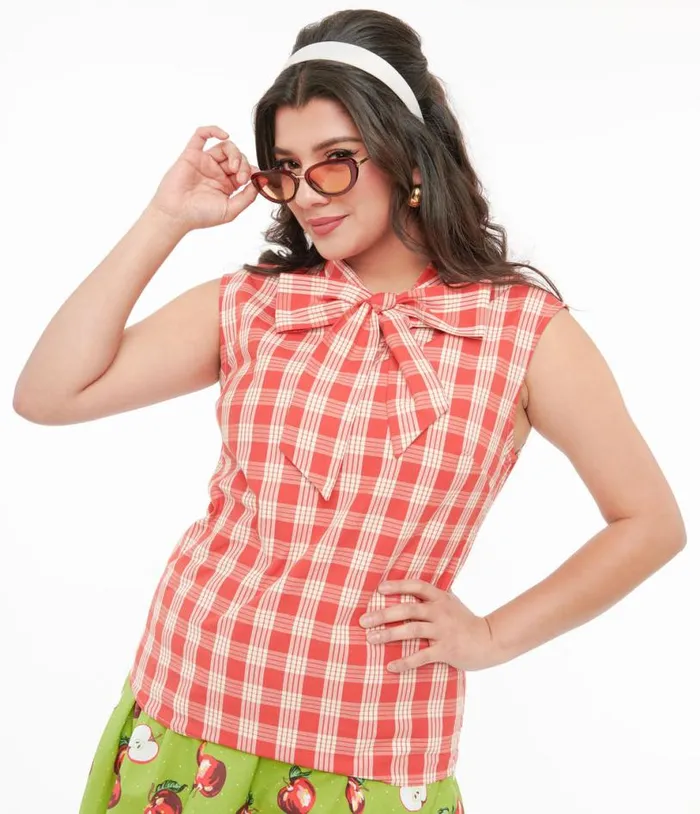 Retrolicious 1950s Red and White Gingham Cotton Bow Top Clothing Unique Vintage Blouses