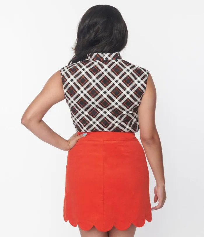 Retrolicious Black and Orange Plaid Bow Top Halloween Unique Vintage Tops