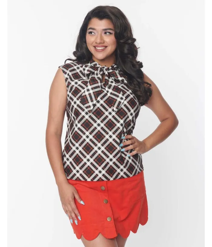Retrolicious Black and Orange Plaid Bow Top Halloween Unique Vintage Tops