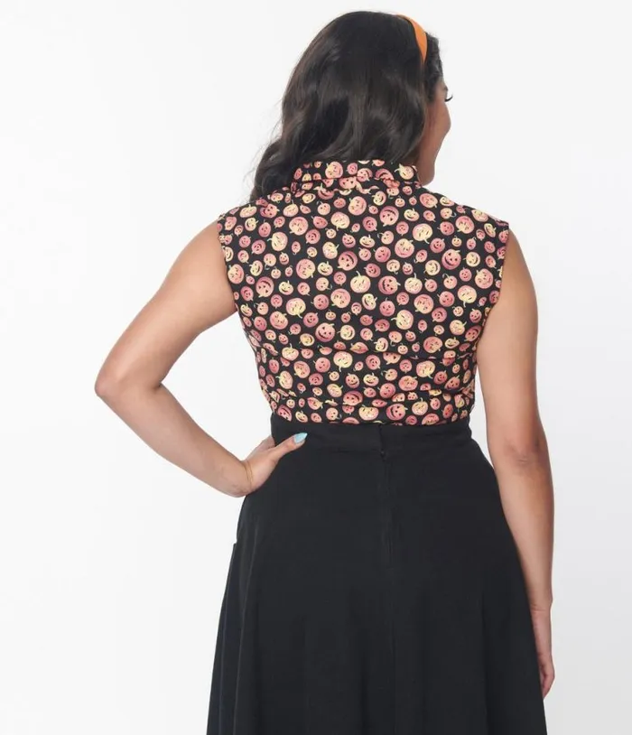 Retrolicious Black and Pumpkins Bow Blouse Halloween Unique Vintage Tops
