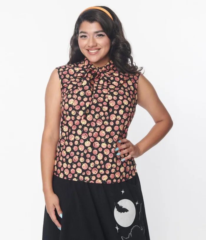 Retrolicious Black and Pumpkins Bow Blouse Halloween Unique Vintage Tops
