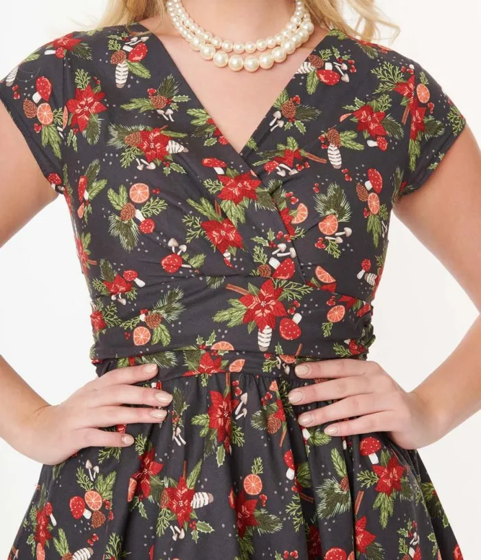 Retrolicious Brown and Holiday Florals Greta Swing Dress DressesPlus Unique Vintage Pocket Dresses