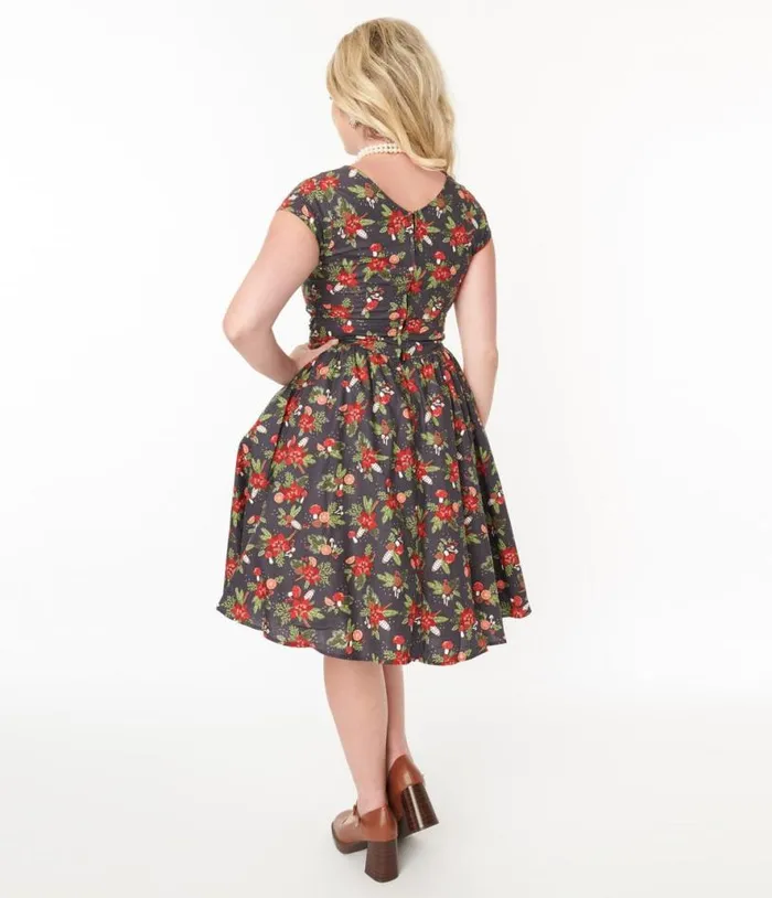 Retrolicious Brown and Holiday Florals Greta Swing Dress DressesPlus Unique Vintage Pocket Dresses