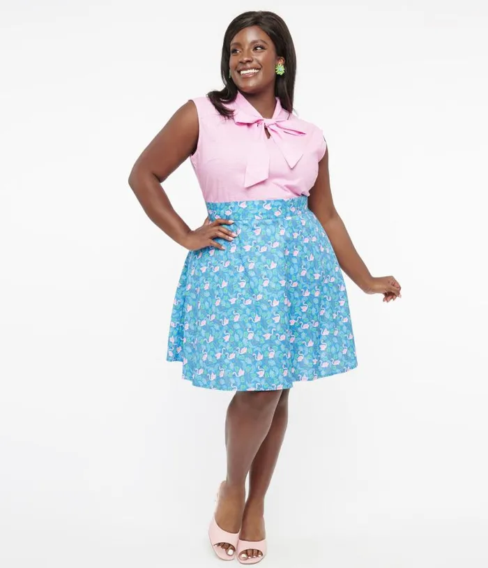 Retrolicious Plus Size 1950s Blue and Pink Flamingo Print Cotton Skater Skirt DressesClothingPlus Unique Vintage Skirts Retrolicious Plus Size 1950s Blue and Pink Flamingo Print Cotton Skater Skirt DressesClothingPlus Unique Vintage Skirts