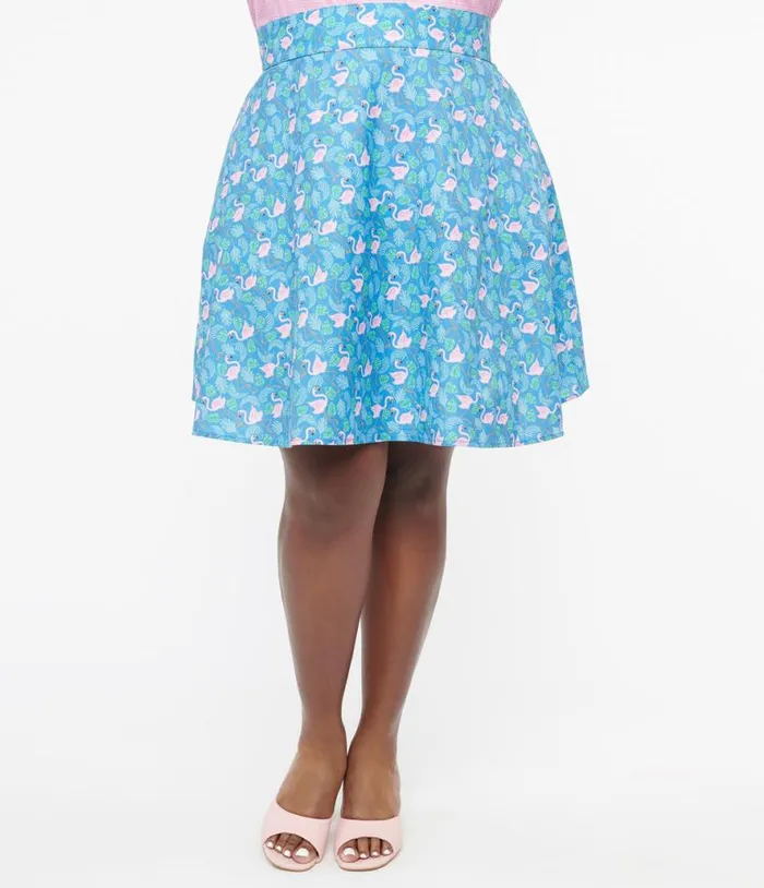 Retrolicious Plus Size 1950s Blue and Pink Flamingo Print Cotton Skater Skirt DressesClothingPlus Unique Vintage Skirts