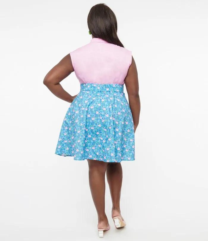 Retrolicious Plus Size 1950s Blue and Pink Flamingo Print Cotton Skater Skirt DressesClothingPlus Unique Vintage Skirts