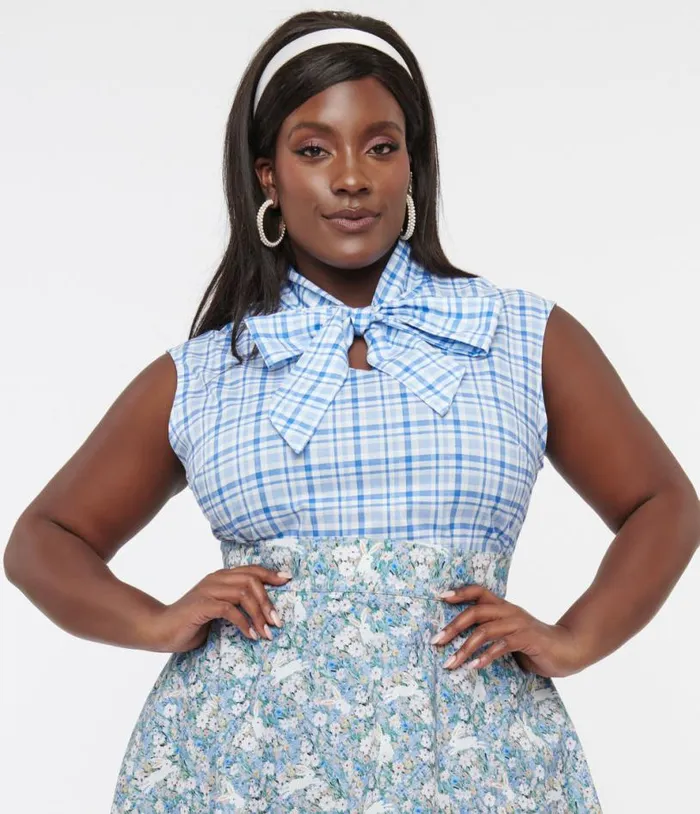 Retrolicious Plus Size 1950s Blue Plaid Cotton Bow Top ClothingPlus Unique Vintage Blouses