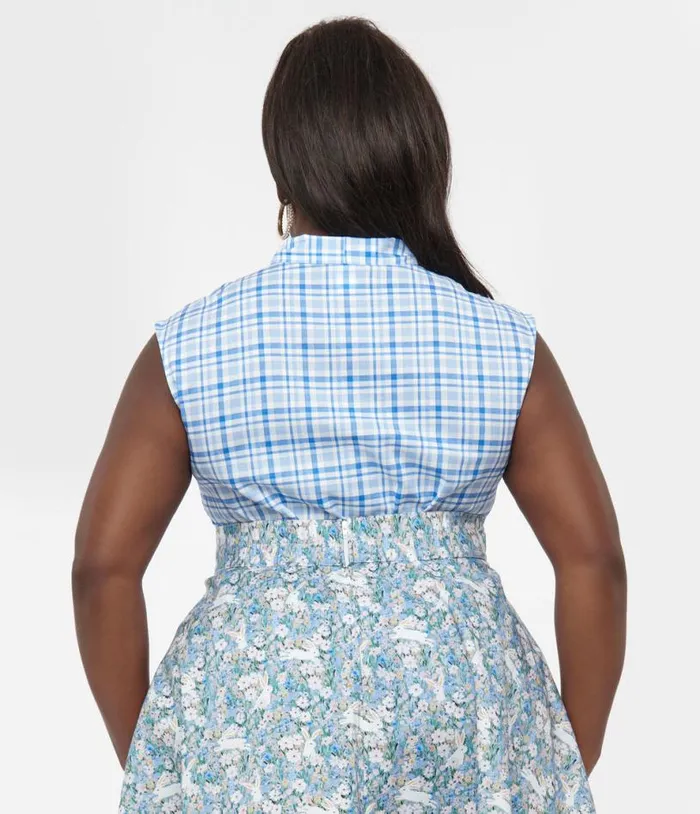 Retrolicious Plus Size 1950s Blue Plaid Cotton Bow Top ClothingPlus Unique Vintage Blouses