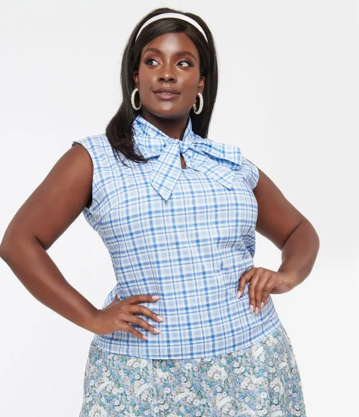 Retrolicious Plus Size 1950s Blue Plaid Cotton Bow Top ClothingPlus Unique Vintage Blouses