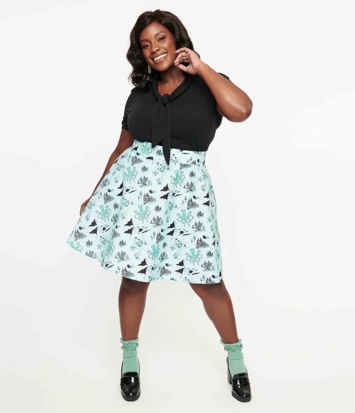 Retrolicious Plus Size 1950s Teal Sea Print Cotton Skater Skirt DressesClothingPlus Unique Vintage Skirts Retrolicious Plus Size 1950s Teal Sea Print Cotton Skater Skirt DressesClothingPlus Unique Vintage Skirts